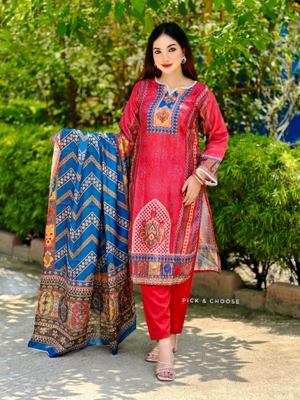 Premium Cotton Three-Piece – Elegant Print & Embroidery Design