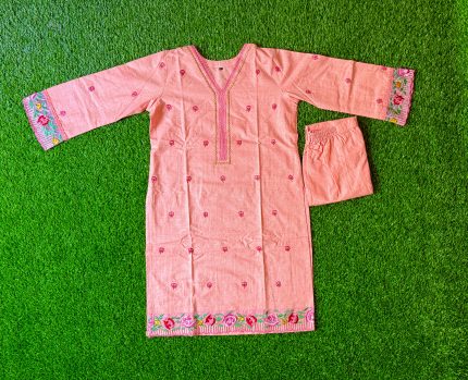Premium 2-Piece Embroidered Cotton Kurti Set – Pink
